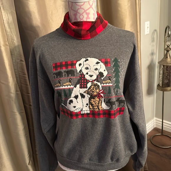 Vintage holiday sweatshirt with puppy, and kitten bears and moose - Picture 1 of 4